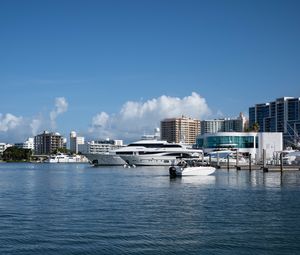 Preview wallpaper yachts, pier, buildings, water