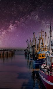 Preview wallpaper yachts, pier, river, milky way, night