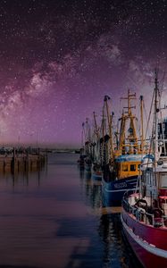 Preview wallpaper yachts, pier, river, milky way, night