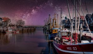Preview wallpaper yachts, pier, river, milky way, night