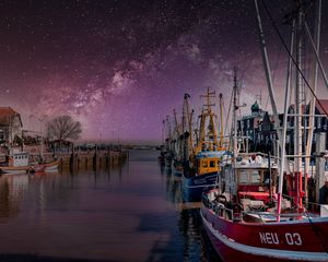 Preview wallpaper yachts, pier, river, milky way, night
