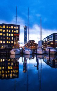 Preview wallpaper yachts, reflection, lake, buildings, lights, bay