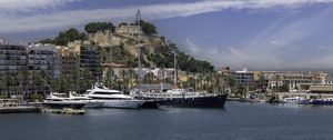 Preview wallpaper yachts, ships, pier, buildings, island, sea