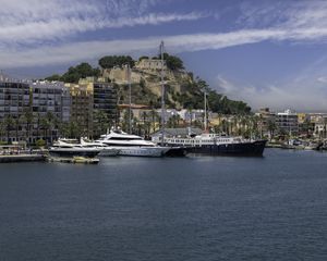 Preview wallpaper yachts, ships, pier, buildings, island, sea