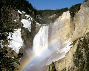 Preview wallpaper yellowstone national park, wyoming, falls, stones, rainbow, vegetation