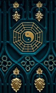 Preview wallpaper yin yang, buddhism, element, gates, gold