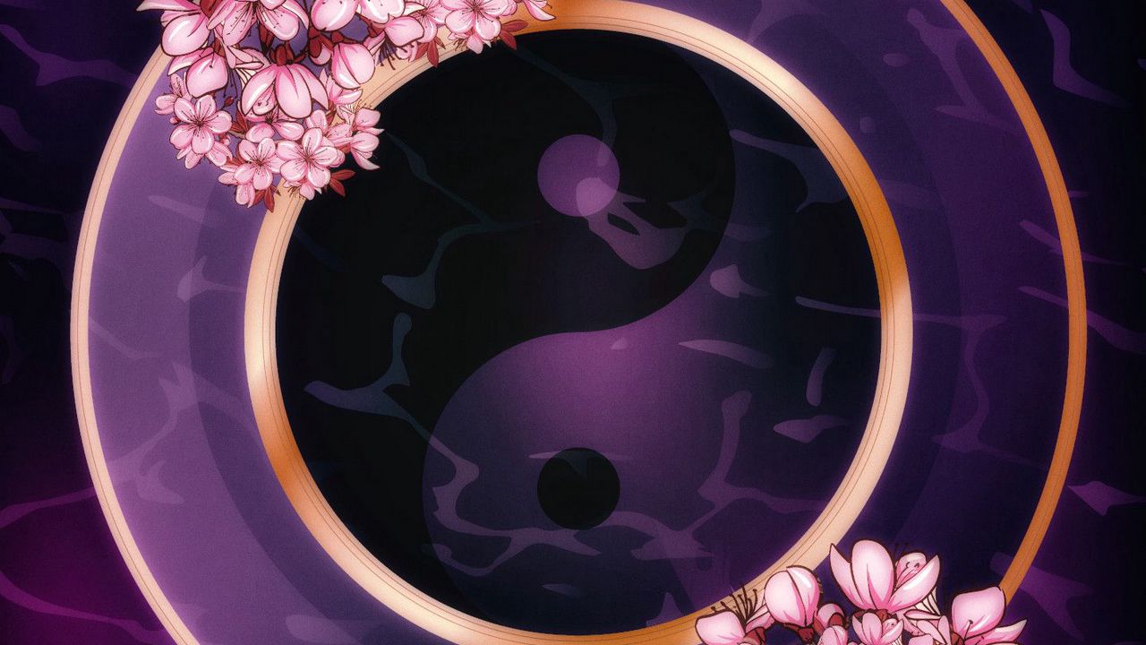 Wallpaper yin yang, sign, fish, flowers