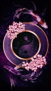 Preview wallpaper yin yang, sign, fish, flowers