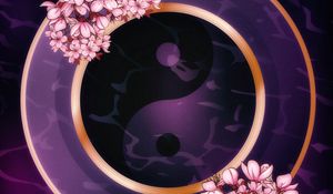 Preview wallpaper yin yang, sign, fish, flowers
