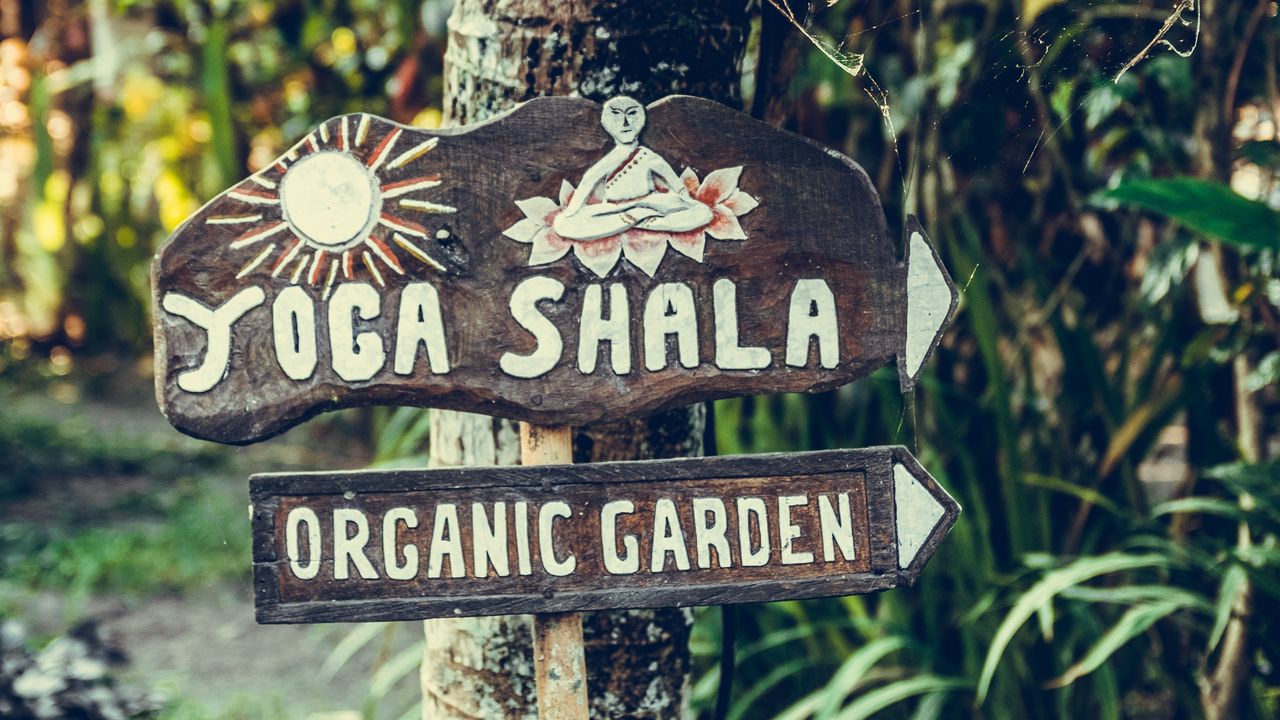 Wallpaper yoga, signboard, garden, organic, wood