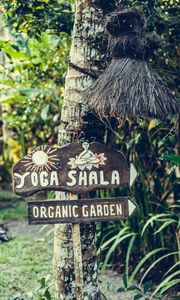 Preview wallpaper yoga, signboard, garden, organic, wood