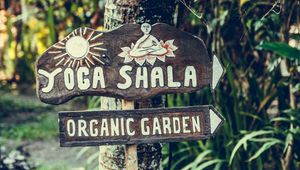 Preview wallpaper yoga, signboard, garden, organic, wood