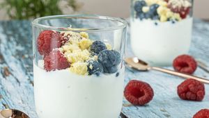 Preview wallpaper yogurt, berries, breakfast, food