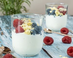 Preview wallpaper yogurt, berries, breakfast, food