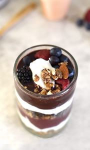 Preview wallpaper yogurt, raspberries, blueberries, blackberries, nuts, chocolate