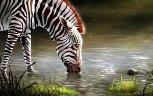 Preview wallpaper zebra, lake, art, animal, wildlife