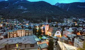 Preview wallpaper zermatt, switzerland, mountains, buildings, houses, church, landscape, panorama