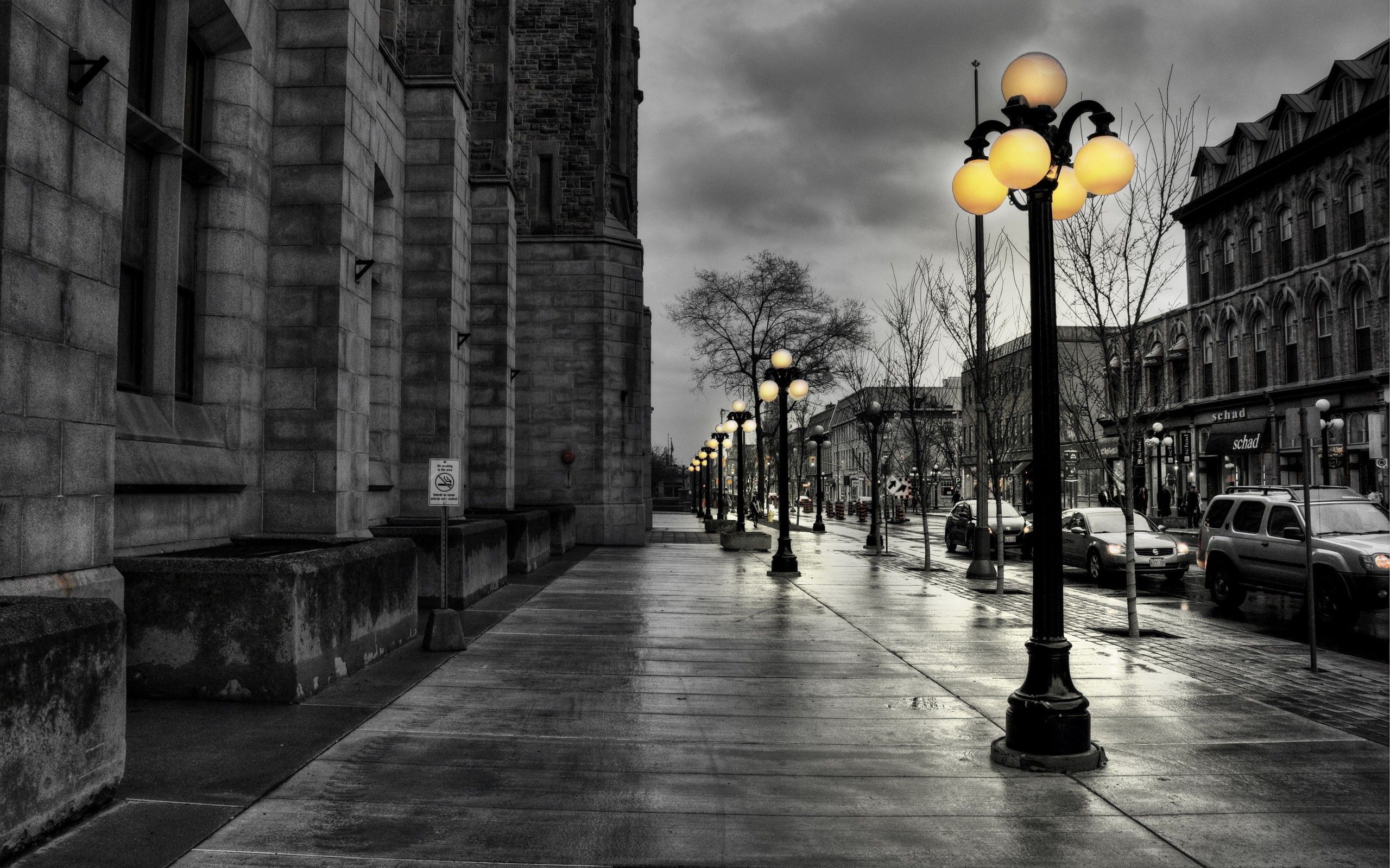 Download Wallpaper 2560x1600 Street City Evening Black White Lights Buildings Hdr Hd Background