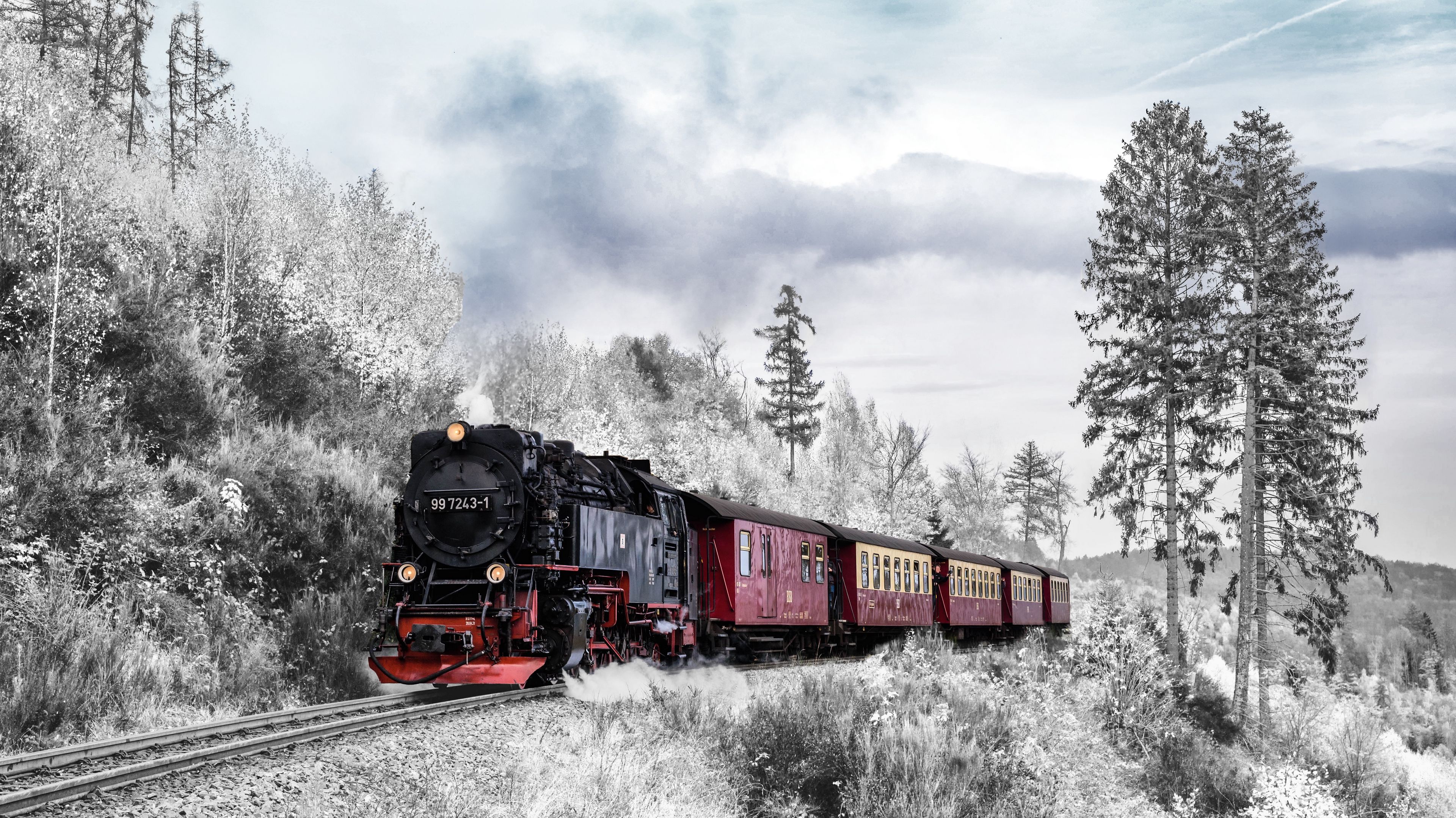 Download wallpaper  3840x2160 train  forest winter 